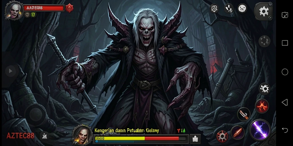 Tampilan menyeramkan dari gameplay AZTEC88 saat memasuki ruang gelap.