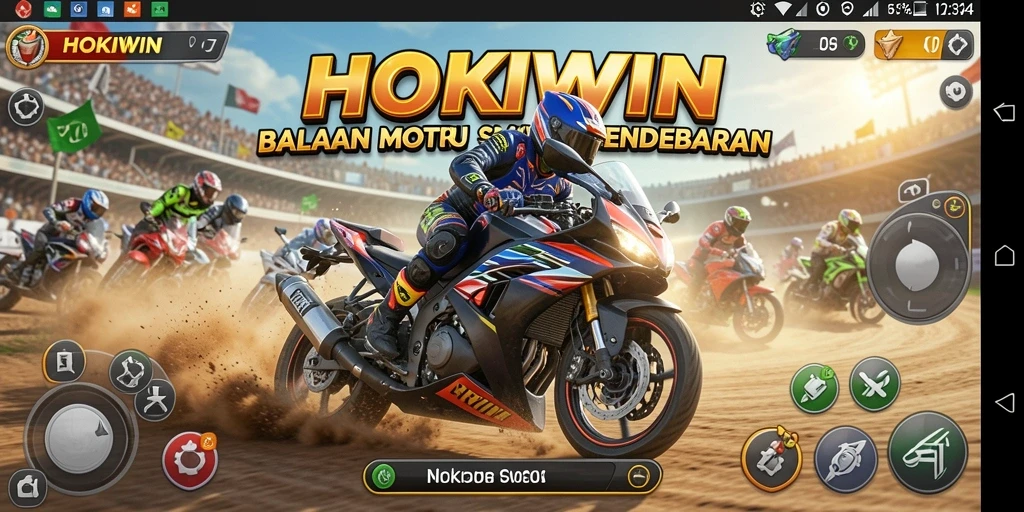 Tangkapan layar HOKIWIN menampilkan aksi balapan motor yang seru dan mendebarkan.