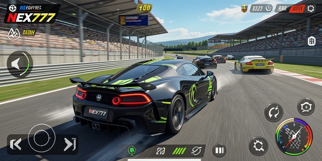 Screenshot gameplay NEX777 menampilkan aksi balap yang mendebarkan.