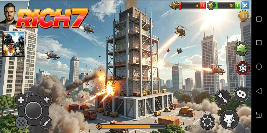 Tampilan menarik dari gameplay RICH7 yang menyuguhkan pertempuran Tower Defense.