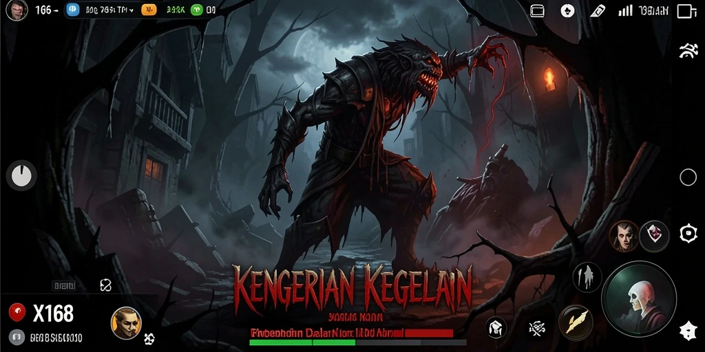 Tangkapan layar utama X168 menampilkan aksi menegangkan dalam suasana kegelapan.